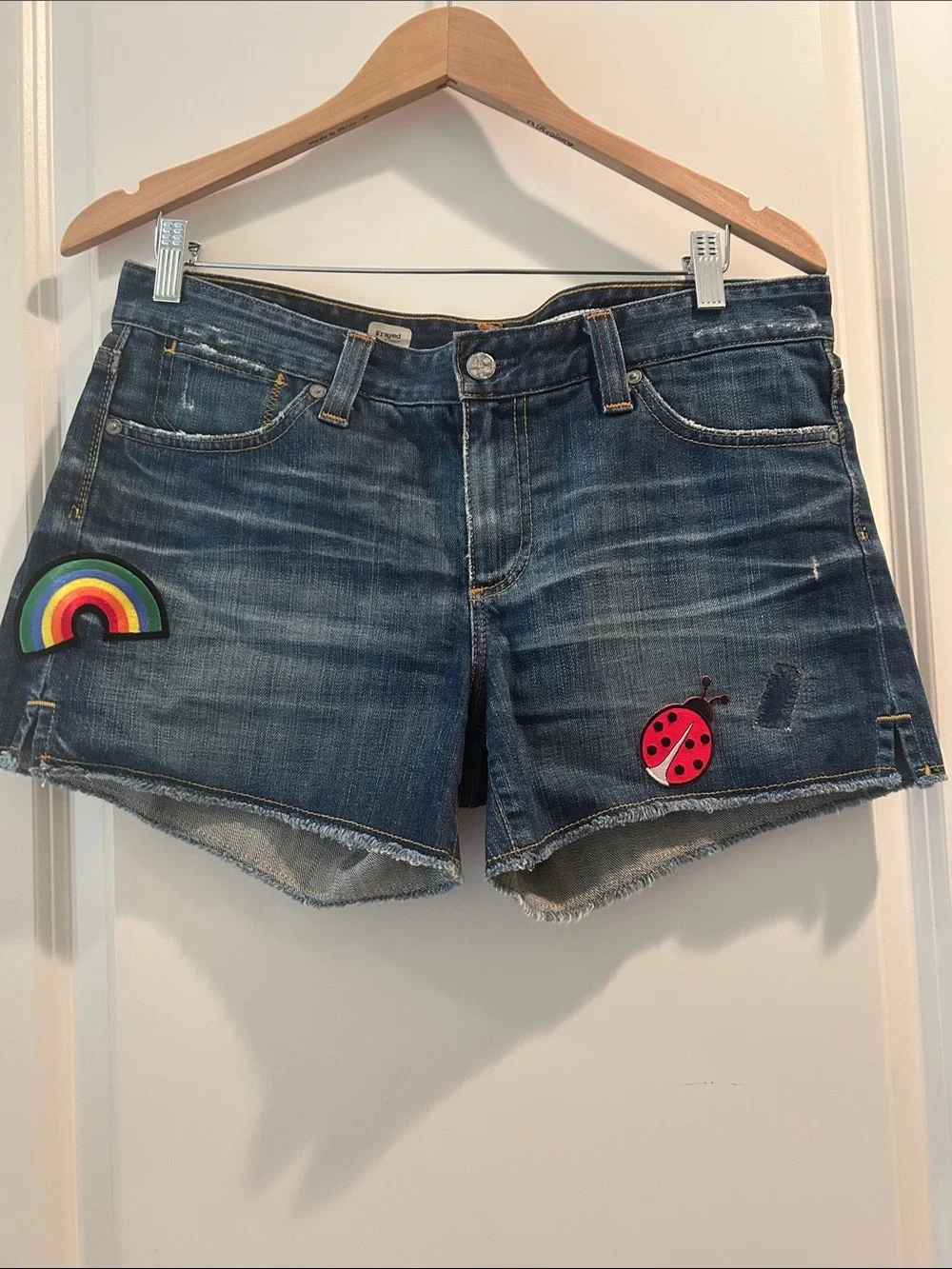 Ag Adriano Goldschmied Blue Denim Shorts with Rainbow and Ladybug Patches - Picture 10 of 11